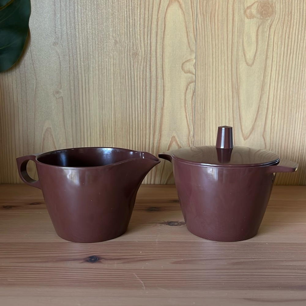 VINTAGE Dorchester Dinnerware dark brown melamine creamer & sugar bowl MCM 60’s